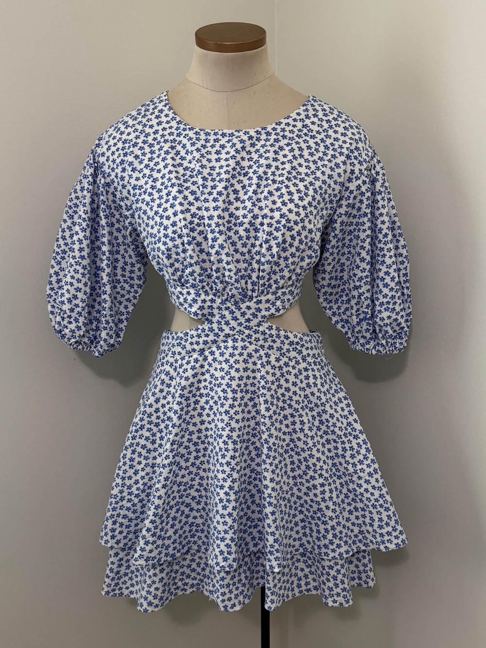Shop Neighbor Small Blue Floral Cutout Puff Sleeve Mini Dress ~ Cottage Coquette